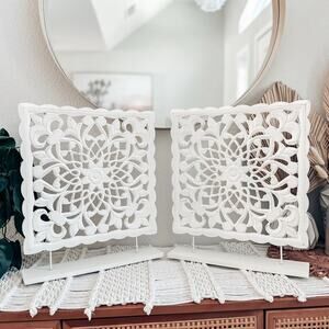 Intricate Artisan Carved Lacework Wood floral boho Mandala Panels on Stands
